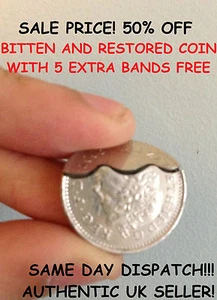 Bitten and Restored 10p / DAVID BLAINE BITE OUT COIN MAGIC! with 5 extra bands! - Foto 1 di 1