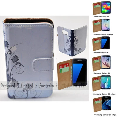 For Samsung Galaxy Series Blue Floral Theme Print Wallet Mobile Phone Case Cover - Image 1 of 3