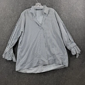 Zara Basic Collection Blouse Women's Large Blue White Striped Bow Tied Sleeves - Picture 1 of 6