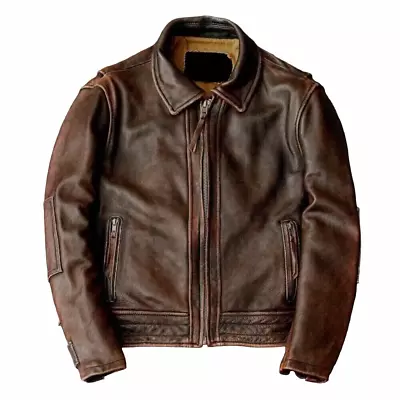 Men’s Motorcycle Vintage Cafe Racer Biker Distressed Brown Real Leather Jacket - Image 1 of 4