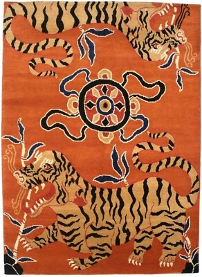 Orange Pictorial Trible Fine Nepali Rug Tibetan Tiger Rugs For Bedroom Rugs - Image 1 of 4