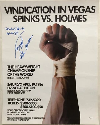 Póster de lucha original 1986 firmado 22x28 de Michael Spinks & Larry Holmes - JSA LOA Foto 1 de 4