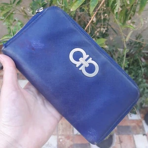 Salvatore Ferragamo Gancini Women Leather Zip Arround Wallet Blue Ladies Purse - Picture 1 of 10