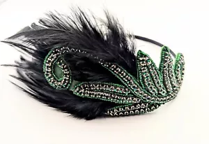 1920s Flapper Headband Roaring 20s Feather Hair Green Great Gatsby NEW YEARS EVE - Picture 1 of 3