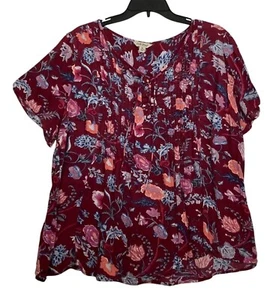 Lucky Brand Damen 3X Blumen Kurzarm Burgunderrot Viskose Bluse Hergestellt in Indien - Bild 1 von 10
