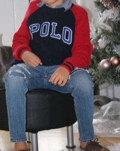 Polo Ralph Lauren size M (10-12) LOGO red blue cable knit sweater pull over - Picture 1 of 2