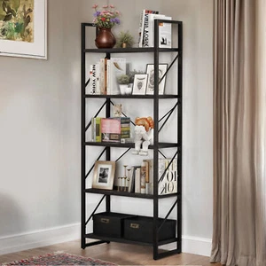 5 Tier Industrial Bookcase Bookshelf Living Room Storage Wooden Rack Display - Picture 1 of 9