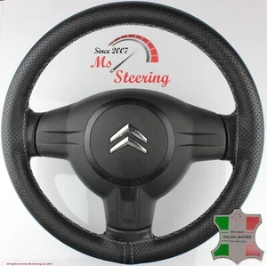 FOR CITROEN C1 05-12 BLACK PERF LEATHER STEERING WHEEL COVER GREY DBL STIT - Picture 1 of 8