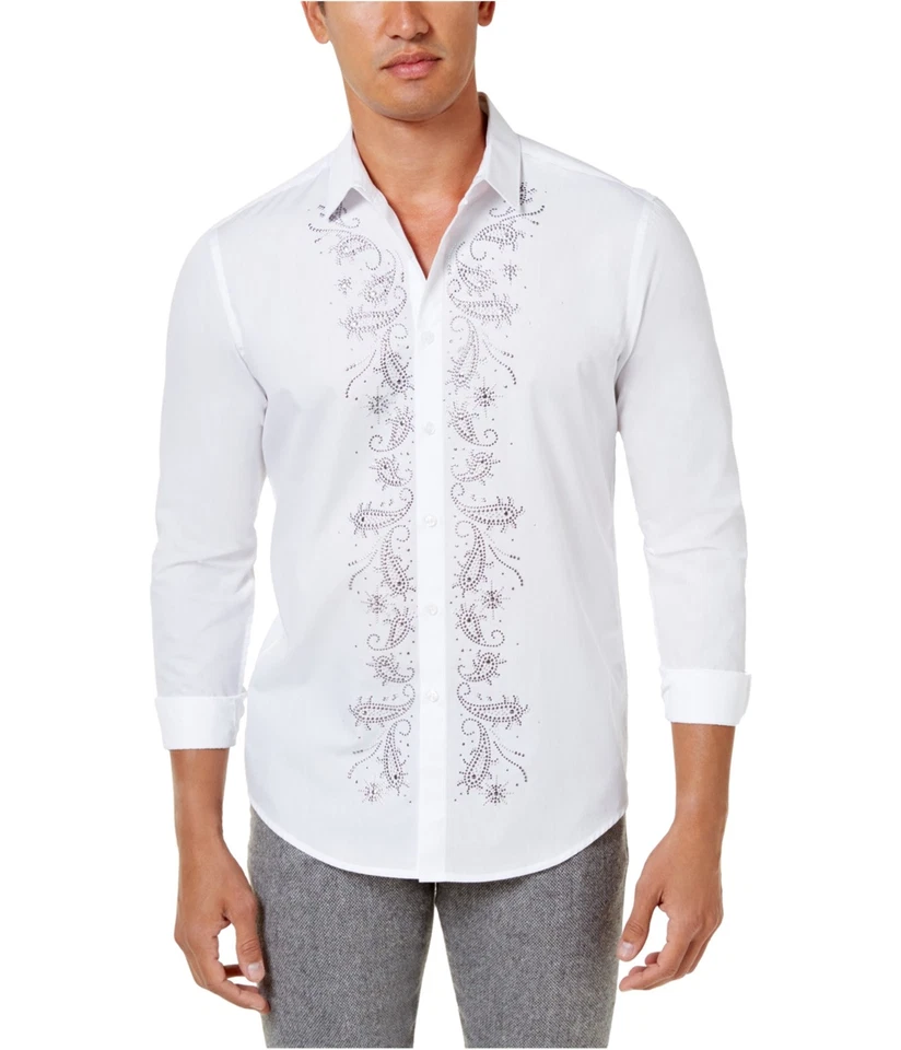 I.N.C Mens Beaded Paisley Button Up Shirt, whitepure, XS Neck - Image 1 of 1