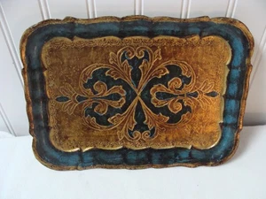 Small VINTAGE Florentine Carved Wood Tray Gold And Dark Blue Made in Italy - Picture 1 of 6