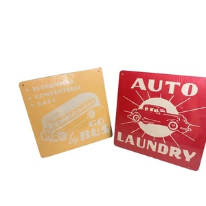 Land of Nod Sign Red Auto Laundry Signs Go By Gus Yellow Set of 2 New Sealed - Picture 1 of 5