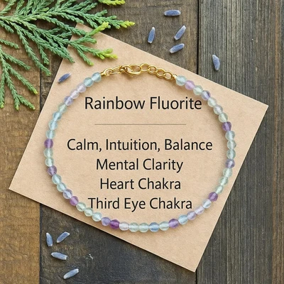 Natural 3mm Rainbow Tourmaline Stone Beaded Minimalist Dainty Women's Bracelet - Image 1 of 3