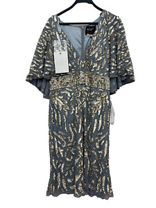 Mac Duggal 5191 Embellished Cape Sleeve Midi Dress Size 18W Platinum Gold New