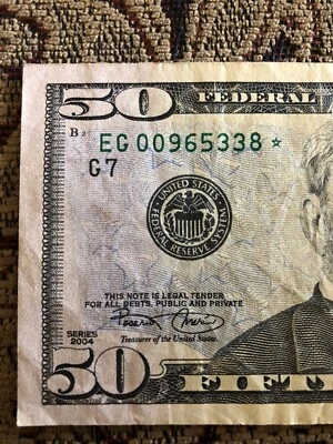 VERY RARE 2004 $50 STAR ✯ NOTE CHICAGO FRB $50 DOLLAR BILL EG 00965338 ✯ LOW # - Image 1 of 4