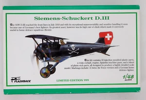 Flashback Siemens Schuckert D.III 1:48 KLH 89 18 Model Kit German WWI Aircraft - Picture 1 of 4