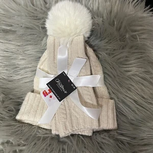 🆕 Cable Knit Beanie & Fingerless Gloves Gift Set Cream Color - Picture 1 of 5