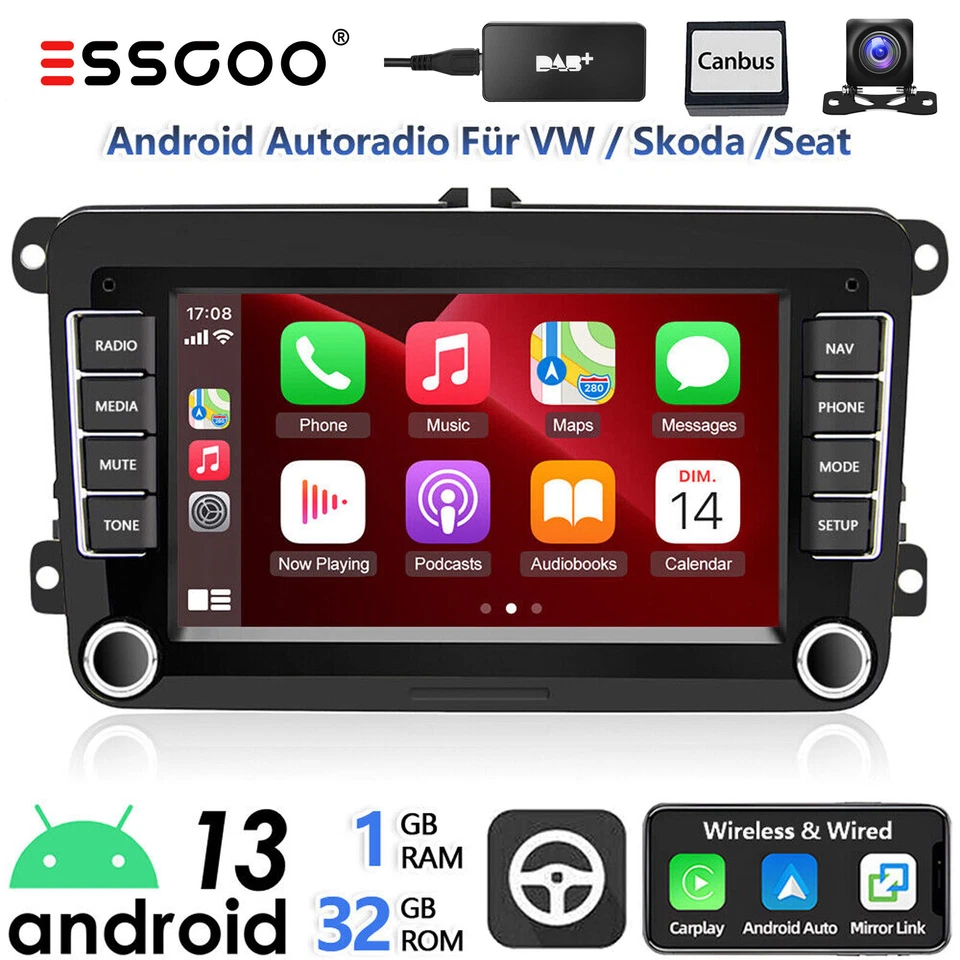 Autoradio 2 DIN DAB+ Carplay Android 14 32G GPS Per VW GOLF 5 Polo Passat Tiguan - Immagine 1 di 4