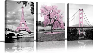 Wall Art for Bedroom Pink Tree Paris Eiffel Tower Golden Gate Bridge Romantic Bl - Picture 1 of 12