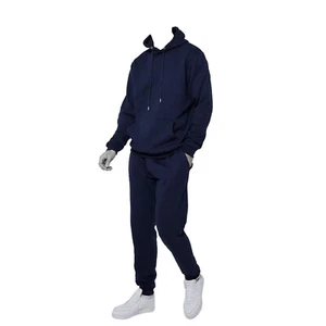 Unisex Navy Blue Cotton Pullover Hoodie and Cuffed Jogger Hooded Tracksuit Set - Picture 1 of 3