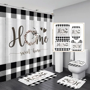FZDHHY Black and White Shower Curtain Set Home Sweet Home Bathroom Sets with Rug - Picture 1 of 12
