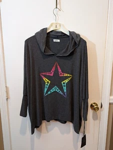 NWT. Lauren Moshi charcoal colored star hooded sweatshirt. Handkerchief drape - Picture 1 of 8