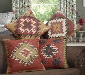 4 Set Jute Kilim Cushion Cover 18" Bohemian Pillow, Village Made Cushion Covers - Picture 1 of 7
