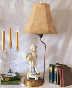 Vintage French Bisque 31" Tall Table Lamp w/ Baker Boy Holding a basket on Brass - Picture 1 of 20