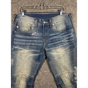 True Religion Moto Jeans Slim Ntrl RNSTCH Red Distressed Denim Mens - Picture 1 of 12