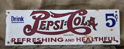 DE COLECCIÓN 'BEBIDA PEPSI COLA 5 CENTAVOS PORCELANA LETRERO BEBIDA REFRESCO COQUE, 18"x6". Foto 1 de 4