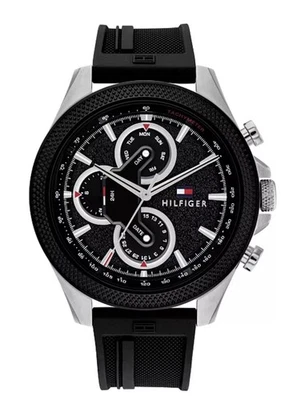 Tommy Hilfiger 1792082 Men's Silver Case Black Rubber Band Black Dial Watch 46mm - Image 1 of 3