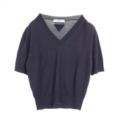 PRADA Triangle logo V-neck Knit Sweater P24M2R wool Navy #36 Used Women - Image 1 of 4