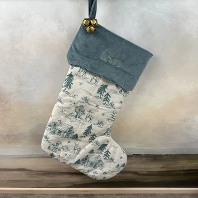 Medias de Navidad Pottery Barn Kids Chris Loves Julia Green Toile mono leer OB Foto 1 de 4
