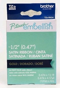 BROTHER P-TOUCH EMBELLISH TZE-RN34 SATIN RIBBON GOLD ON NAVY BLUE - Picture 1 of 1