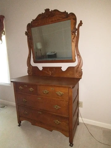 Antiqe Oak Dresser, 4 drawers, Ornate mirror Frame, Beveled Swivel Mirror Cover