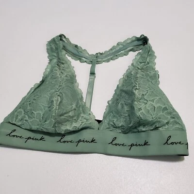 PINK Victoria's Secret Women Bra Medium Green Lace Bralette Removable Pads - Image 1 of 4