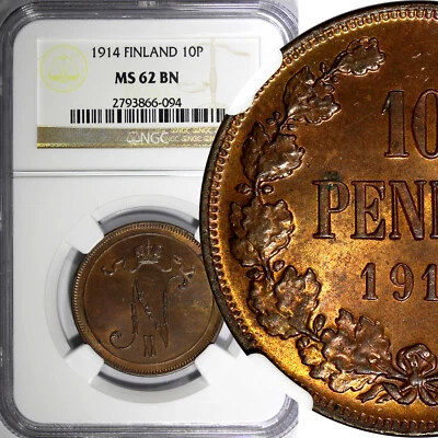 Finland Nicholas II Copper 1914 10 Pennia NGC MS62 BN Mintage-605,0 KM#14 (094) - Image 1 of 4