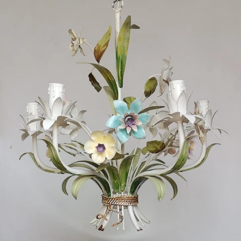VINTAGE FLORENTINE ITALIAN TOLE CHANDELIER CEILING LIGHT 5 ARMS PASTEL FLOWERS Cover