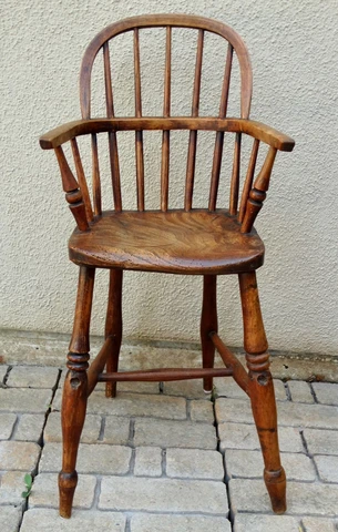 Antique English Windsor Child's High Chair Elm Oak Cover