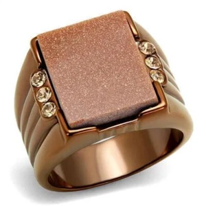 Mens Brown Rings Stainless Steel Semi-Precious Gold Sand Stone in Siam Anillo Ca - Picture 1 of 11