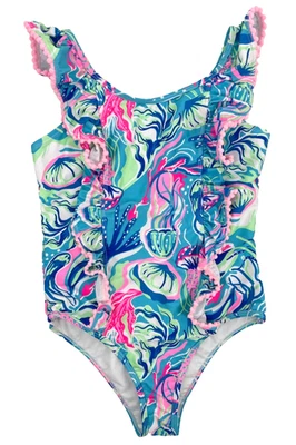 Tommy Bahama Niña Talla 12 Rosa Azul Mar Gráfico Volantes Una Pieza Traje De Baño Rosa Foto 1 de 4