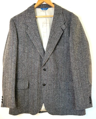 Vintage Pendelton Wool Sport Coat 44R Suede Elbow Patches Gray Harringbone Tweed - Image 1 of 4