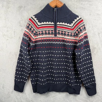 J.Crew Fair Isle 1/2 Zip Sweater Mens M Mock Neck Nordic Blue Red Nordic Winter - Image 1 of 4