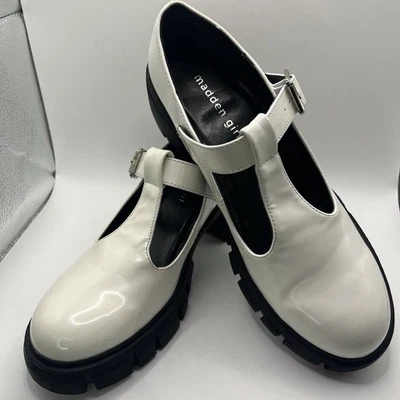 Madden Girl Mary Jane 8.5 Shoes White Patent Leather Chunky Silver Buckle - Image 1 of 4