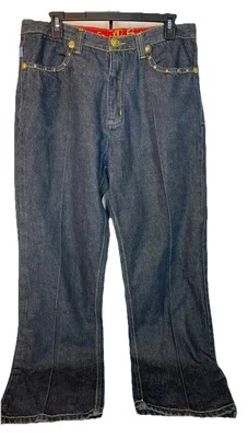 Crown Holder Mens Jeans Designer Blue Gold Rhinestone Stud  Sz 34 - Image 1 of 4