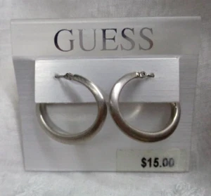 Estate Jewelry GUESS Brushed Silvertone Hoop 1-1/16" W x 13/16 Pierced Earrings - Picture 1 of 3