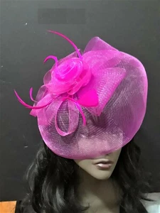 Hot Pink Mesh Flower Derby Wedding Cocktail Party Headband Fascinator Feather - Picture 1 of 1