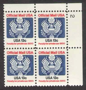 US. O129. 13c, Eagle Official Mail Stamp. PB4 #2UR. MNH. 1983 - Picture 1 of 1