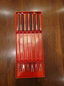 Set of 6 Vintage Stainless Steel with Wooden Color Coded Handle Fondue Forks - Picture 1 of 3