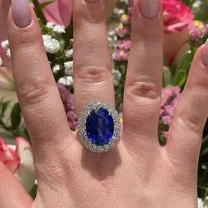 Alianza de diamantes y zafiros naturales de corte ovalado de 5,10 quilates de oro blanco sólido de 14 quilates - Imagen 1 de 6