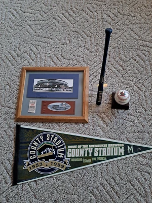BRAVES BREWERS COUNTY STADIUM TRIBUTE-PENNANT-BALL-BAT-FRAMED PHOTO-TICKETS - Image 1 of 4